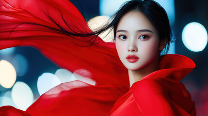 Captivating portrait of young woman in flowing red garment, with dramatic backdrop of blurred lights, evoking elegance and allure
