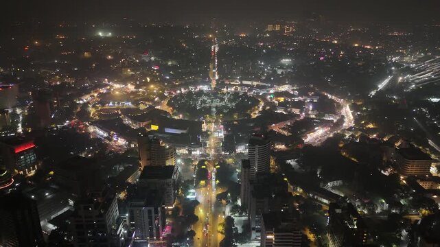 Aerial night drone shot of Connaught Place, New Delhi, India