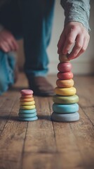 A gentle father-child bonding moment over pastel stacking toys on wooden flooring