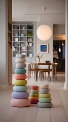 Interactive playtime with pastel-colored wooden stackers in a modern home