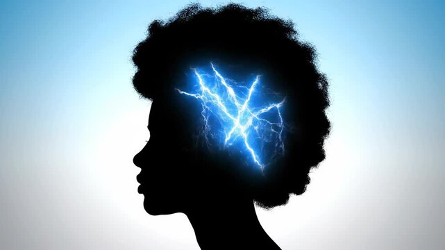 A black silhouette of a woman's head with an afro shows bright blue lightning bolts inside her brain symbolizing a migraine headache stroke or intense creative brainstorm