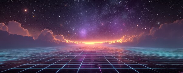 Retro-futuristic neon grid horizon at sunset under a starry night sky with cosmic glow