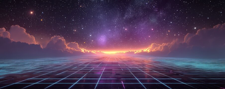 Retro-futuristic neon grid horizon at sunset under a starry night sky with cosmic glow
