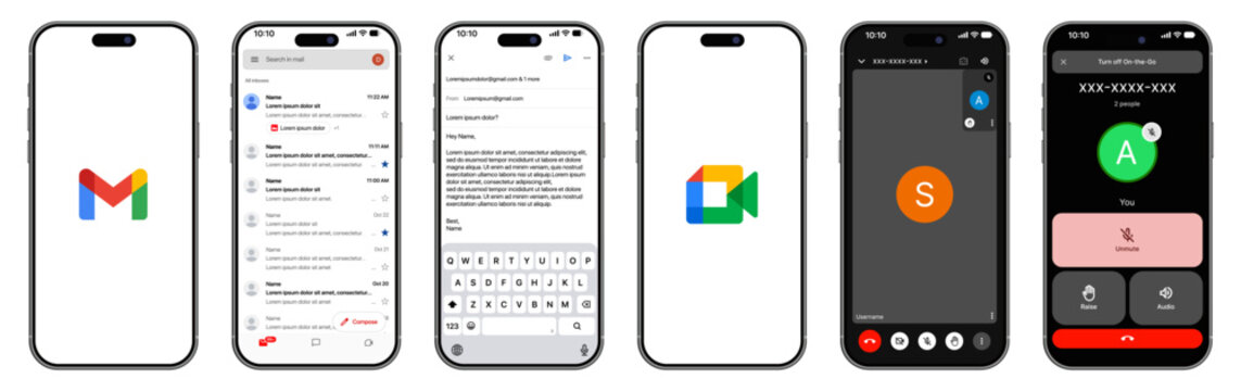 Google Meet & Gmail App UI Mockup &ndash; Communication and Email Interface Design Google Workspace Mobile UI in Light and Dark Mode for iPhone Presentation	