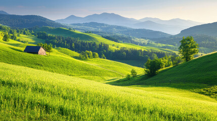 Lush green hills and mountains under clear sky create serene landscape, perfect for nature lovers and outdoor enthusiasts