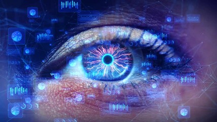 Human eye futuristic digital elements cyberpunk featuring face glowing blue data streams, AI technology. innovation and technology. Human eye future. Cyberpunk, metaverse future prediction concept - Powered by Adobe