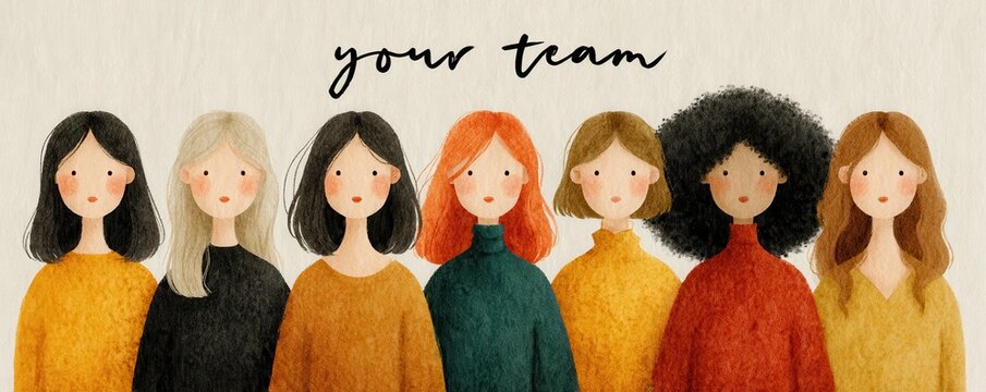Diverse group of women standing together in a colorful illustration for team and collaboration