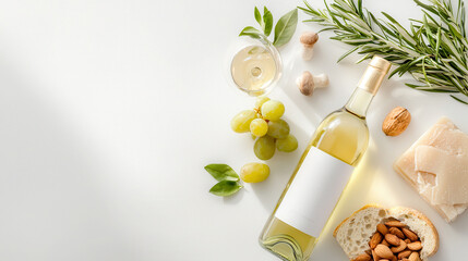 Beautiful arrangement of white wine, green grapes, almonds, and cheese on clean surface evokes sense of elegance and indulgence