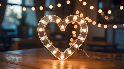 Heart shaped marquee light with glowing bulbs on wooden table warm