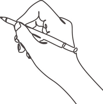 Continuous line drawing of a hand holding a pen writing or drawing isolated on transparent background