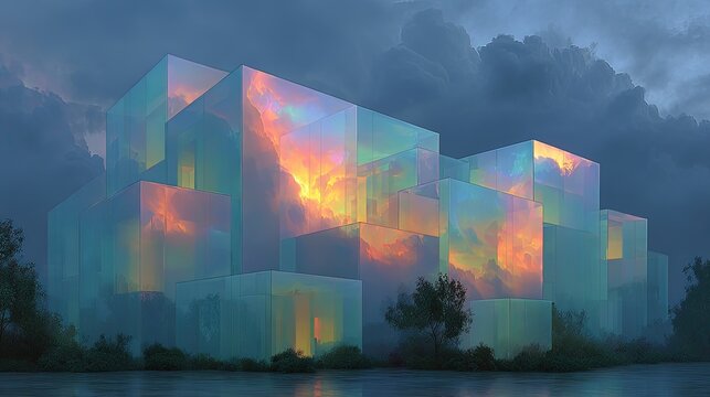 Quantum Architecture Abstract Superimposed buildings existing in multiple states probability cloud rendering iridescent uncertainty principle visualization