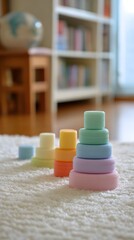 Early morning playtime with pastel stackers on a clean white rug