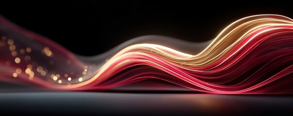 Dynamic red glowing light waves create abstract neon ribbons across a dark backdrop