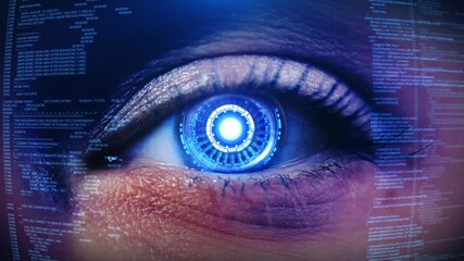 3D Digital eye scan programming code technology background. software developer, computer Software blockchain. text hud. screensaver. Security. 3D 4K facial recognition scanning to personal safety. - Powered by Adobe