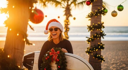 Cheerful Woman Wearing Santa Hat and Sunglasses Holding Surfboard Decorated with Christmas Wreath at Beach During Sunset with Festive Decorations