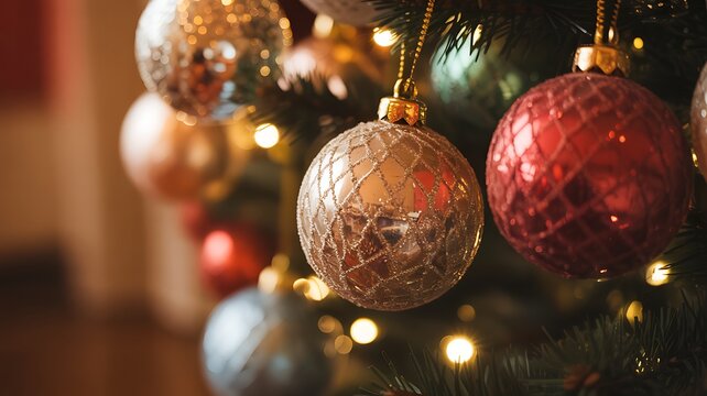 Close up of red and gold Christmas ornaments on a tree with bokeh lights red ornaments