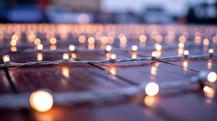 String of warm white L E D lights on wooden surface with bokeh LED lights string lights