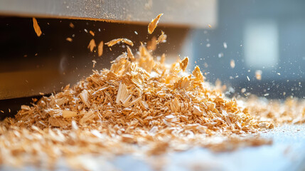 Wood shavings scatter from woodworking machine, creating dynamic scene filled with flying particles and sense of craftsmanship
