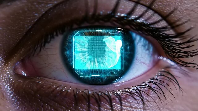 Close-up of a human eye with a digital interface overlay