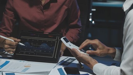 Business woman, men and night with computer, management and review in web design or teamwork. Colleagues, technology and working late on project deadline for digital agency, coworking space or office - Powered by Adobe