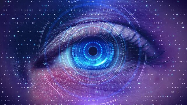 Futuristic 4k Hud Glitch Cyber eye background Animation. Code background. sci-fi technology pixel eye glitch lcd led screen display. Human iris Technology, innovation, cybersecurity data virtual 3D 4K - Powered by Adobe