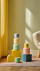Minimalist decor surrounding family playing with pastel stackable toys