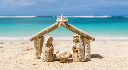 A Serene Beach Scene with a Nativity Set Constructed from Sand and Driftwood, Displaying Mary, Joseph, and Baby Jesus Under a Coastal Sky
