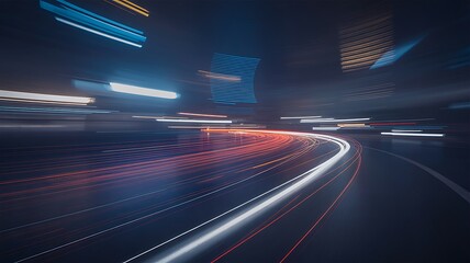 Abstract light trails on dark road at night with motion blur image