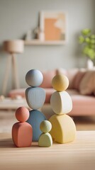 Minimalist decor surrounding family playing with pastel stackable toys