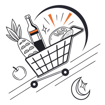 Grocery store logo design template with shopping basket full of various products. Bread, fruits, drinks line art logo design idea. Groceries vector symbol. 