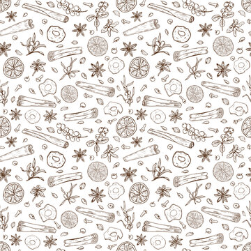 Vector winter seamless isolated pattern of dried fruit, berries and spices. Cinnamon sticks, orange and apple slices, sea buckthorn, cowberry, cardamom, anise and cloves ornate. Xmas gluhwein decor