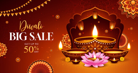 Diwali advertisement composition with sale message and glowing lamps