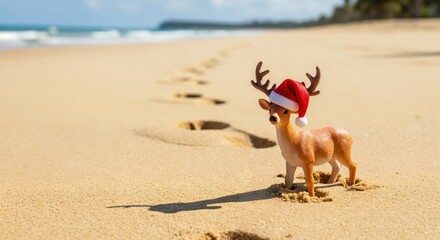 A miniature reindeer wearing a Santa hat stands on a sandy beach, surrounded by ocean waves, casting a playful shadow on a sunlit shoreline, evoking holiday cheer in a unique tropical setting.
