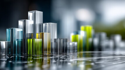 Abstract glass bar charts reflecting on a digital surface, illustrating global business statistics, financial growth, and technological advancements in data analytics