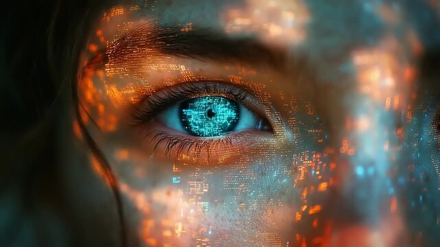 Close-up of a person's eye with digital overlay effects