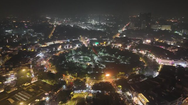 Aerial night drone shot of Connaught Place, New Delhi, India