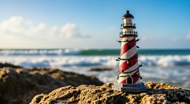 A Close-Up of a Miniature Lighthouse on Rocky Shoreline with Vibrant Ocean Waves in the Background, Showcasing Intricate Details and a Clear Blue Sky - Powered by Adobe