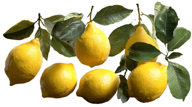 A cluster of ripe yellow lemons with green leaves on a transparent background, showcasing their textured skin and natural beauty, perfect for food and beverage themes