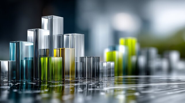 Abstract glass bar charts reflecting on a digital surface, illustrating global business statistics, financial growth, and technological advancements in data analytics