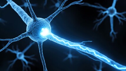 Closeup of a neuron firing an electrical impulse representing brain activity neural networks and the intricate processes of the human nervous system in a digital rendering. - Powered by Adobe