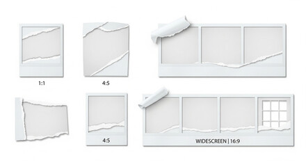 Set of realistic blank photo frames and torn paper with ripped edges