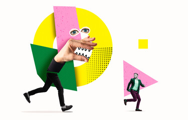 Art collage with businessman runs away from metaphorical imaginary monster. Concept of escape from the crisis, terrible dream of an office worker. Fatigue and burnout at work.