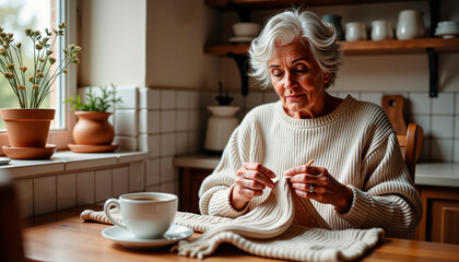 Elderly woman knitting while sitting at table with cup of tea iin cozy kitchen on rainy day
