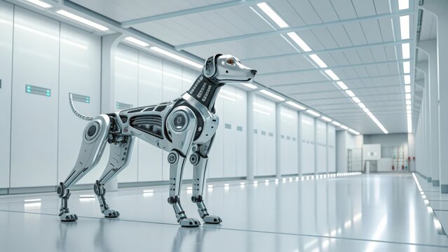 A futuristic chrome and glass robotic dog standing alertly in a bright clean hallway
