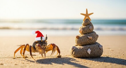 A festive crab wearing a Santa hat plays on a sandy beach beside a stone Christmas tree, celebrating the holiday season in a whimsical coastal setting.