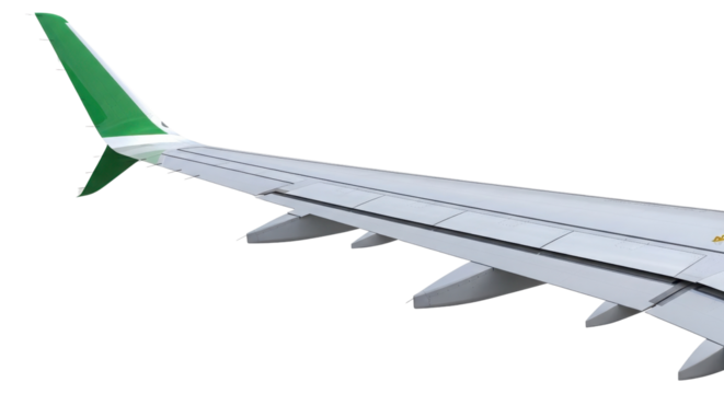 Modern commercial airplane wing and green winglet isolated on white background for travel design