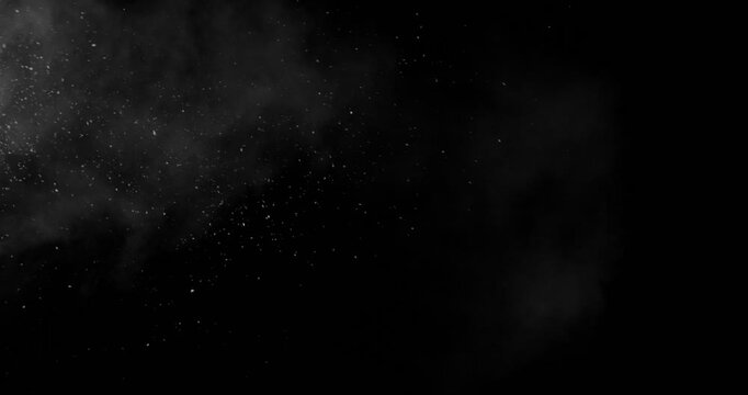 Slow Motion of Falling Snow and Fog Captured with a High-speed Camera on a Pure Black Background. Perfect as a VFX or Compositing Overlay for Winter Atmospheres, Transitions, and Visual Effects.