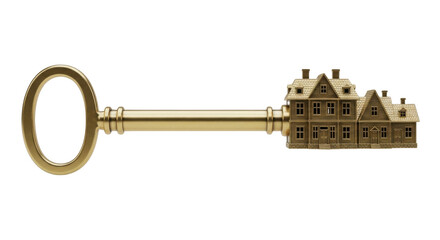 Golden key shaped like houses representing real estate investment or home ownership success isolated on white