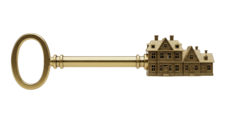 Golden key shaped like houses representing real estate investment or home ownership success isolated on white