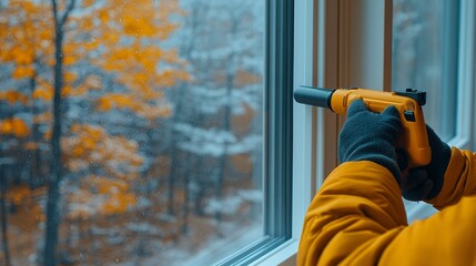 A person in a warm jacket uses a caulking gun to seal a window, preparing for winter weather